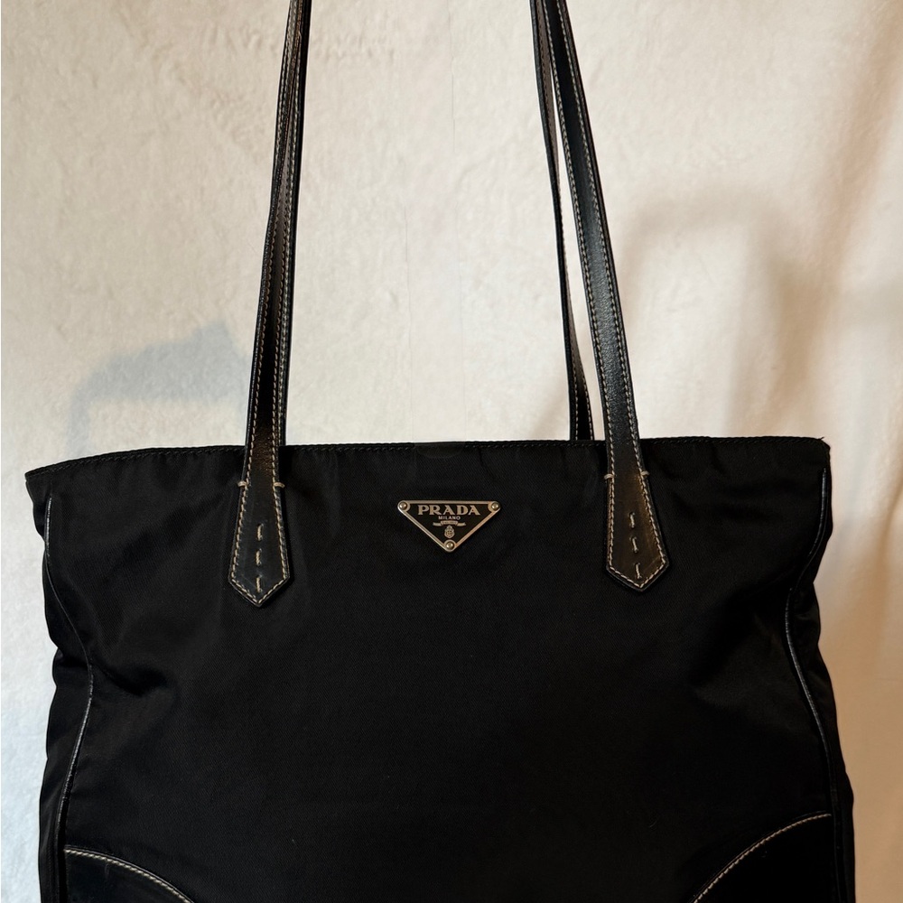 Prada Classic Black Nylon Tote Bag With Leather Straps and Accents